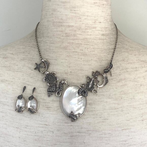Sterling Silver 925 MOP Marcasite Sea Life Shell Panel Necklace & Earring Set - Picture 1 of 16
